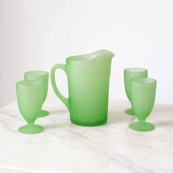 Indiana Glass Tiara Jade Green Frosted Pitcher and 4 Goblet Set Drinkware - Picture 1 of 4